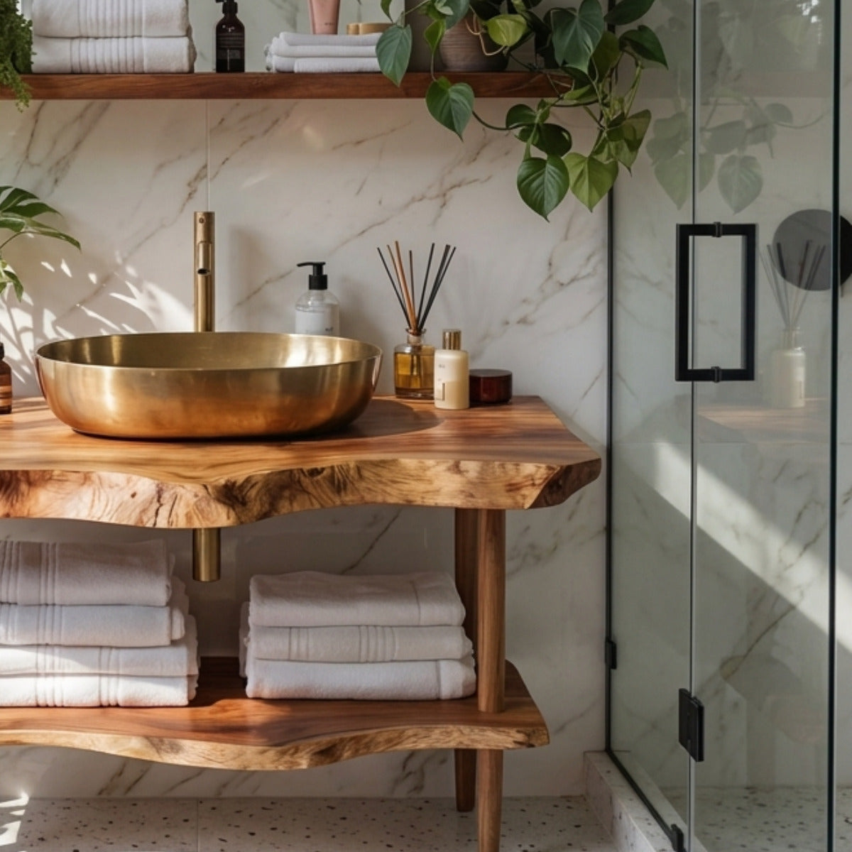 Waschtisch aus Holz mit natürlicher Kante im handgefertigten Design