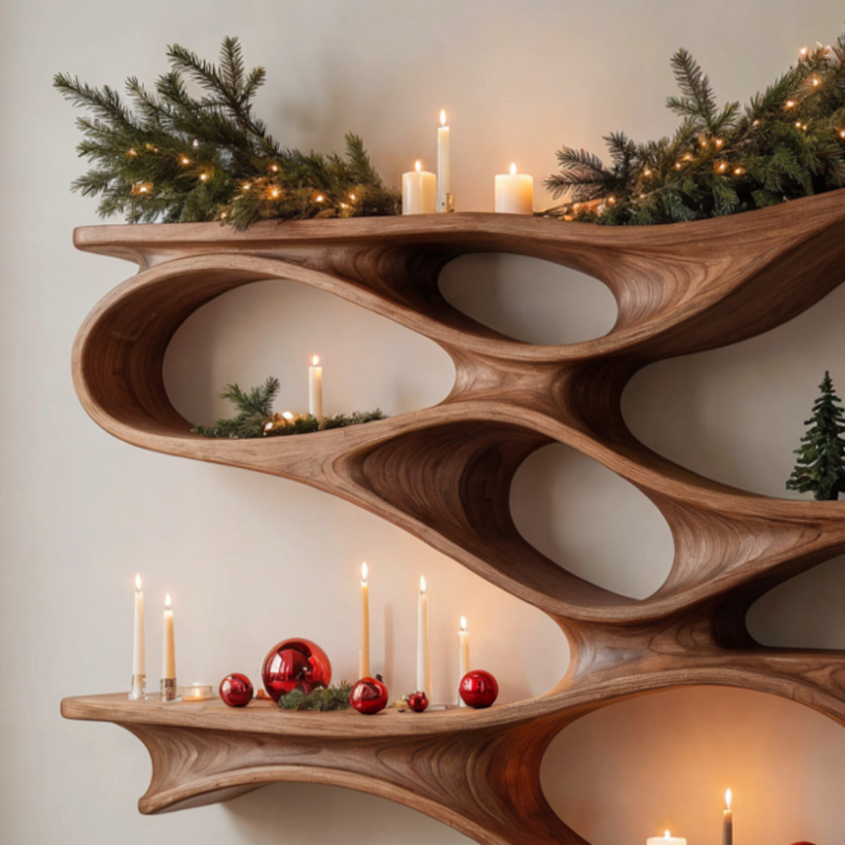 Modernes geschwungenes Holz-Wandregal im skulpturalen Design