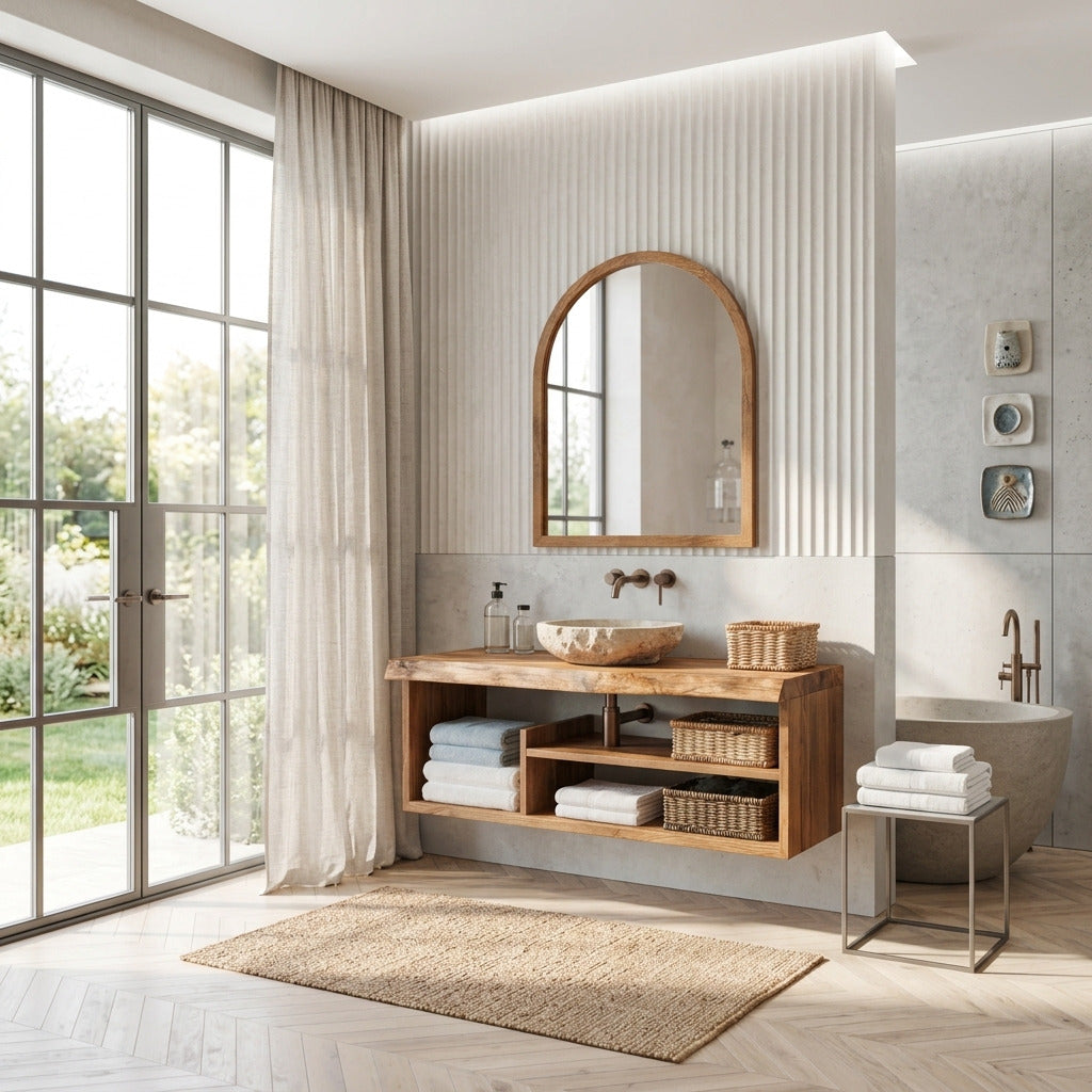 Landhaus-Badezimmerregal aus Holz in einem modernen Badezimmer