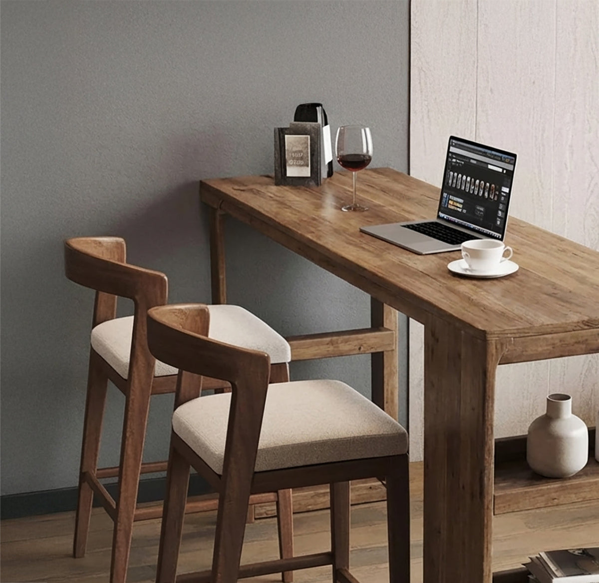 Baumkanten-Bartisch aus Massivholz und handgemachter Wandregal-Tisch als gemütlicher Homeoffice-Arbeitsplatz