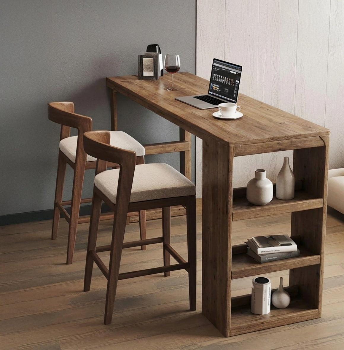 Japandi-Bartisch mit eleganter Arbeitsplatte aus Naturholz, integrierten Regalen und Laptop-Arbeitsplatz
