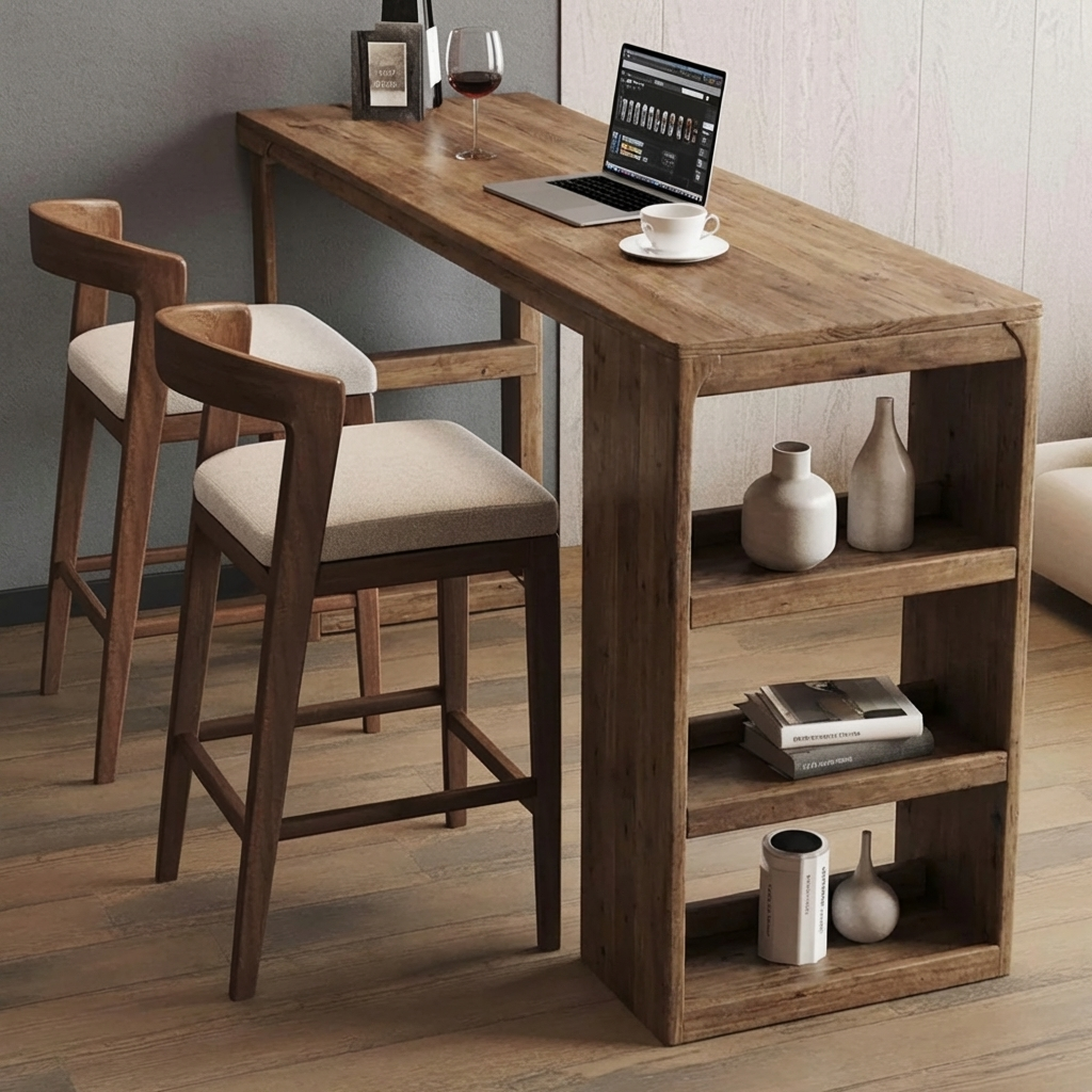 Japandi-Bartisch mit eleganter Arbeitsplatte aus Naturholz, integrierten Regalen und Laptop-Arbeitsplatz