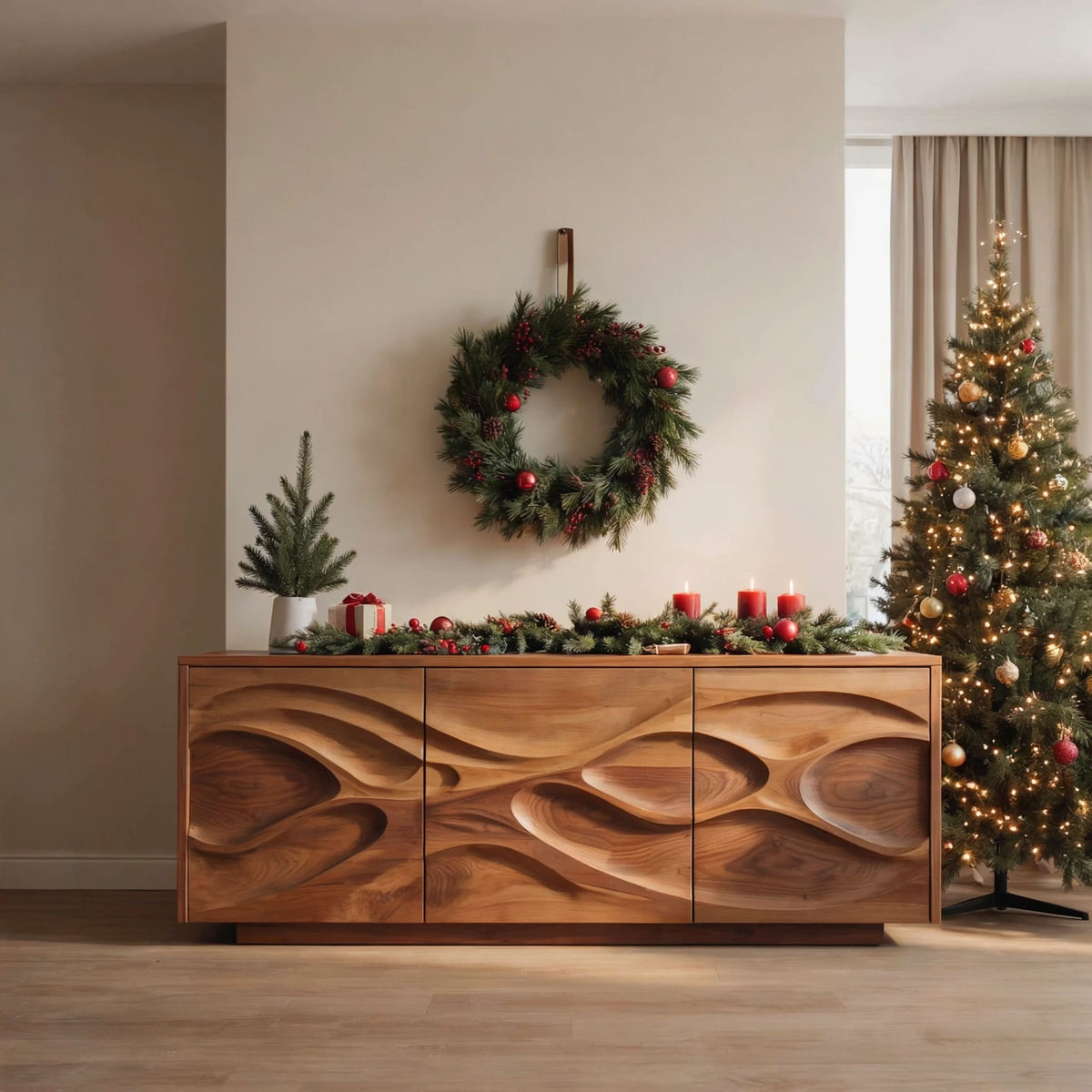 Künstlerisches Buffet aus Massivholz, präsentiert in einem skandinavischen Interieur