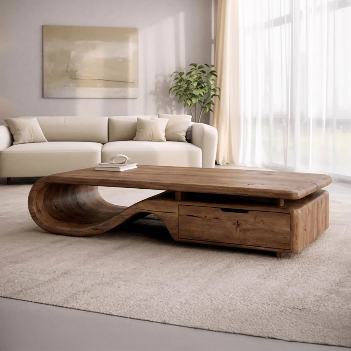 Handgefertigter skulpturaler Couchtisch aus Massivholz mit Stauraum