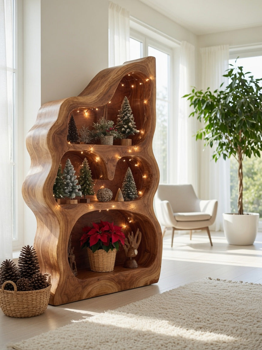 Modernes Standregal aus Massivholz, das eine Luxuswohnung aufwertet