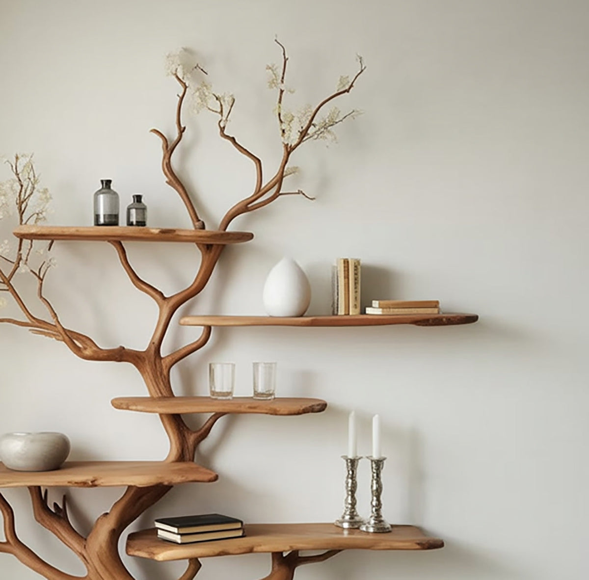 Holz-Baum-Bücherregal mit zarten weißen Blumen und dekorativen Keramikstücken