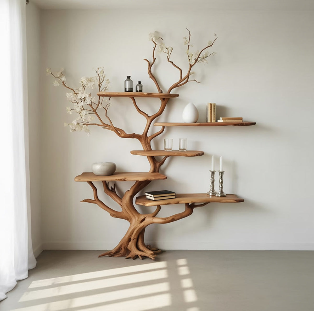 Schwebendes Baum-Bücherregal mit weißen Blüten und Kerzen an einer weißen Wand