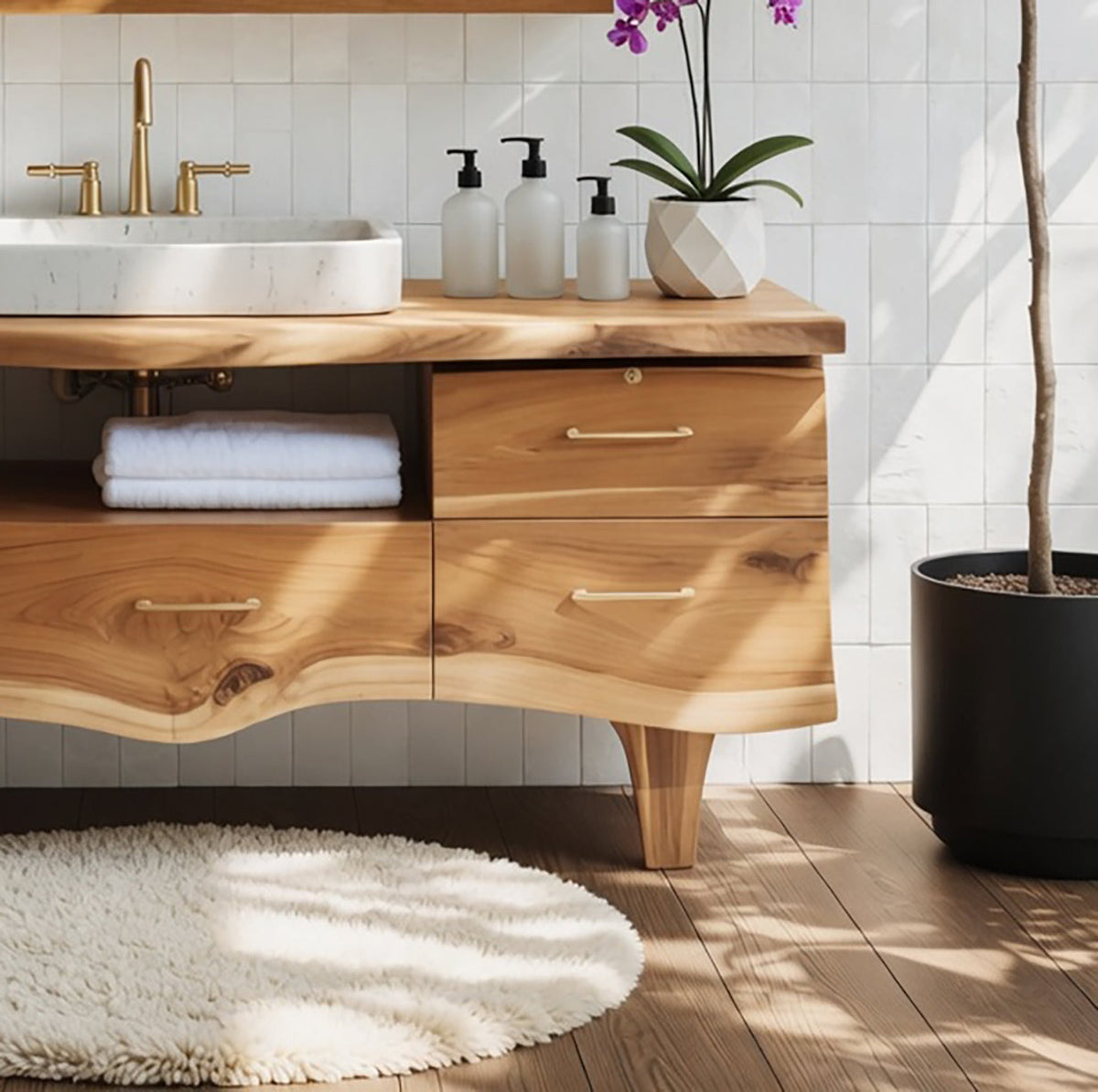 Handgefertigter Waschtisch aus Massivholz – Baumkanten-Design mit Stauraum