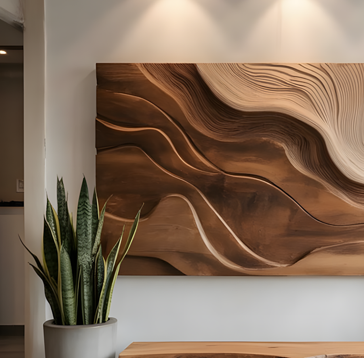 Handgefertigte geschnitzte Wandkunst aus Massivholz – Organische Wellen-Skulptur
