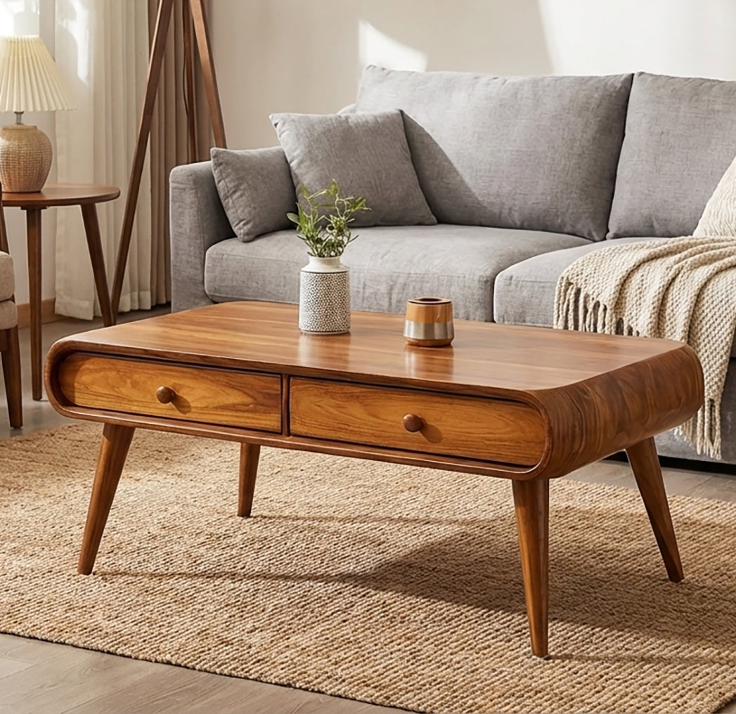 Handgefertigter Couchtisch aus Massivholz mit Schubladen – Mid-Century-Modern-Eleganz