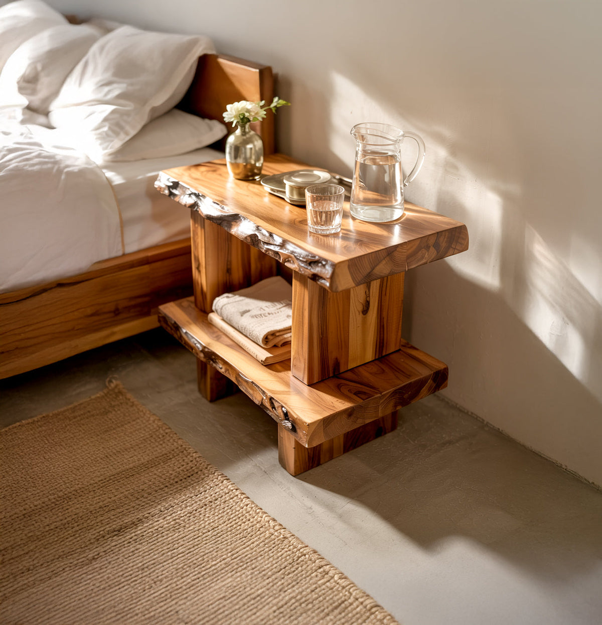 Baumkanten-Nachttisch aus Massivholz im organischen zweistöckigen Design