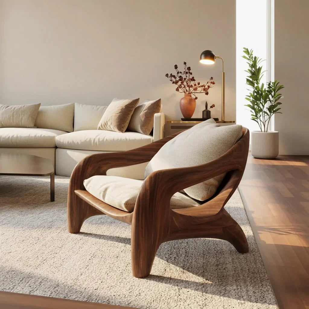 Handgefertigter Loungesessel aus Massivholz mit skulpturalem Akzentdesign