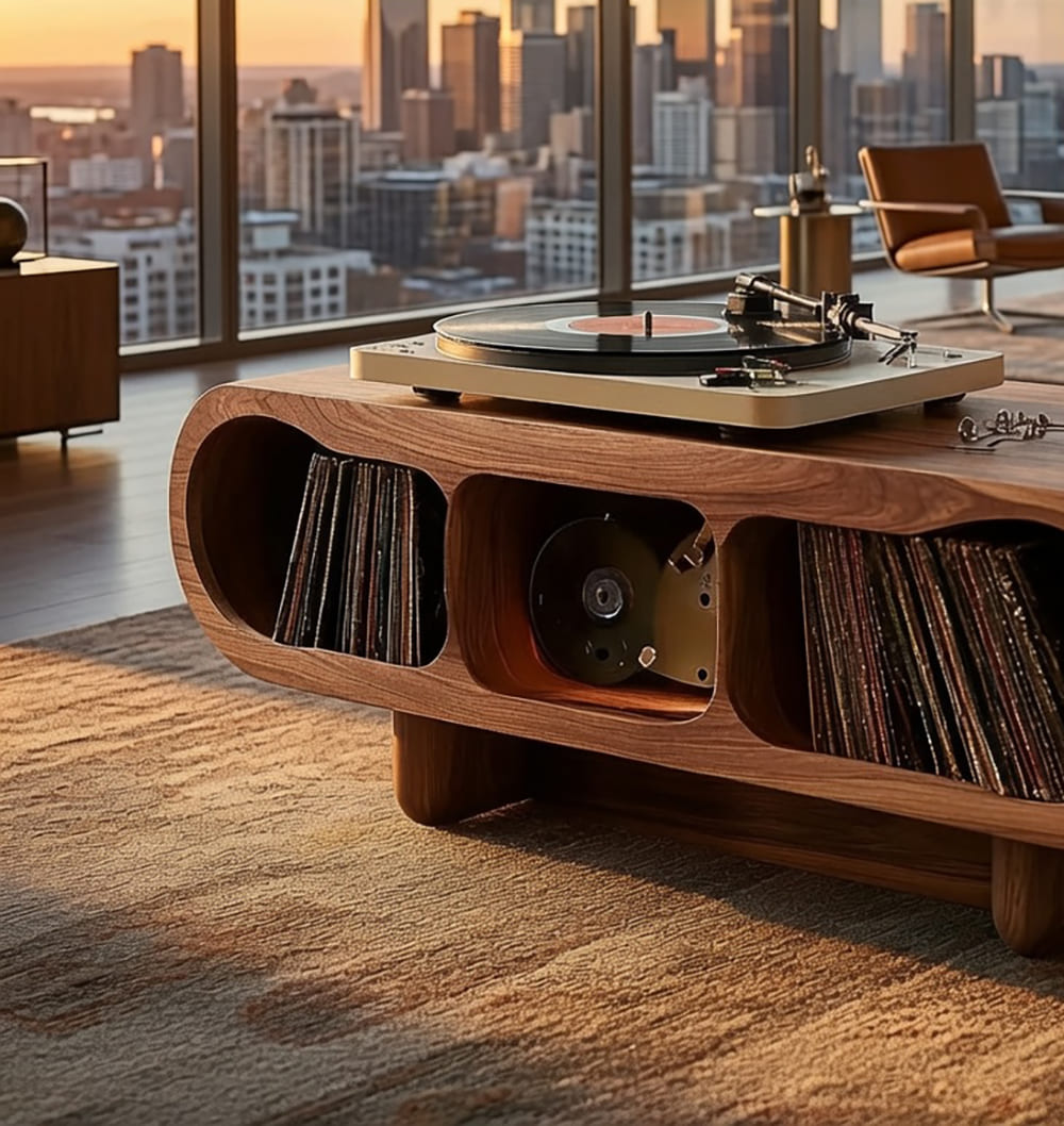 Handgemachter Vinyl-Schallplatten-Organizer aus Massivholz