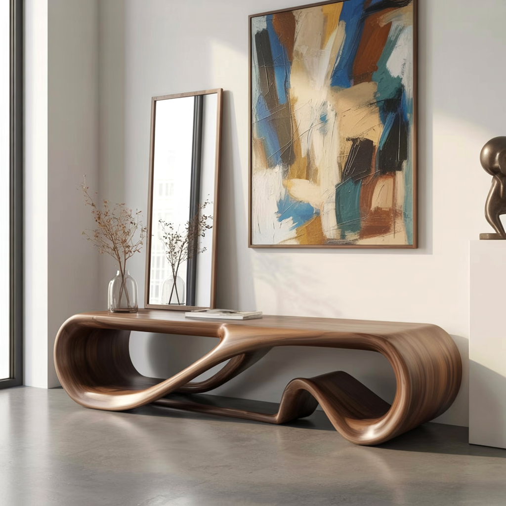Künstlerische Sitzbank aus Massivholz in skulpturaler Form