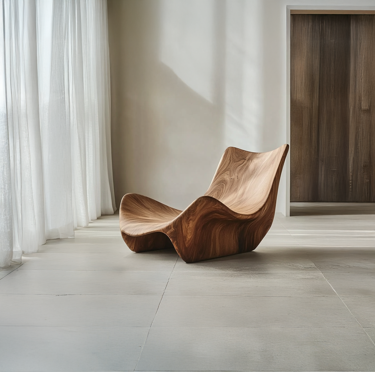 Skulpturaler Loungesessel aus Massivholz im organischen Wellendesign