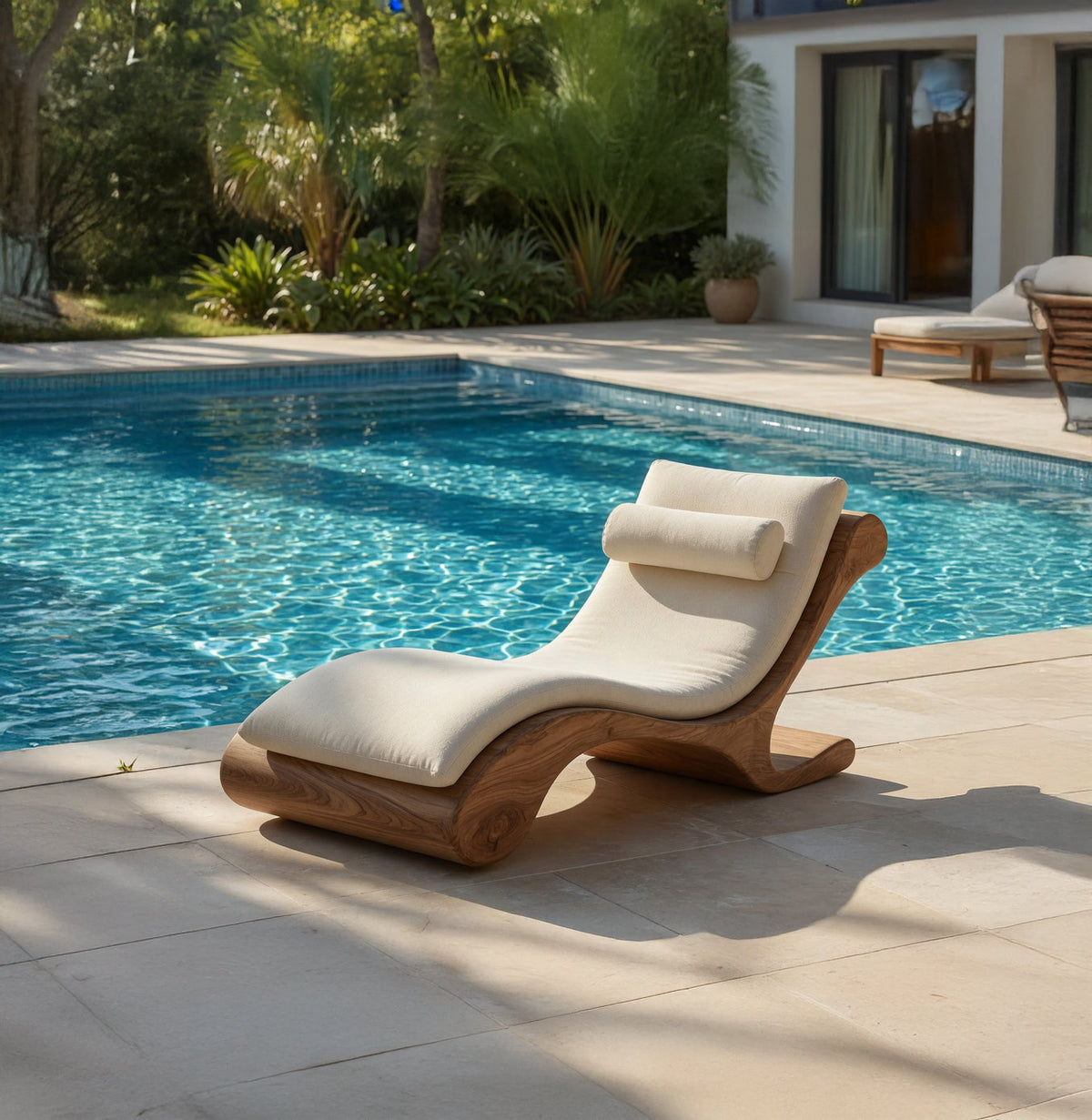 Skulpturales Outdoor-Tagesbett aus Massivholz im organischen Wellendesign