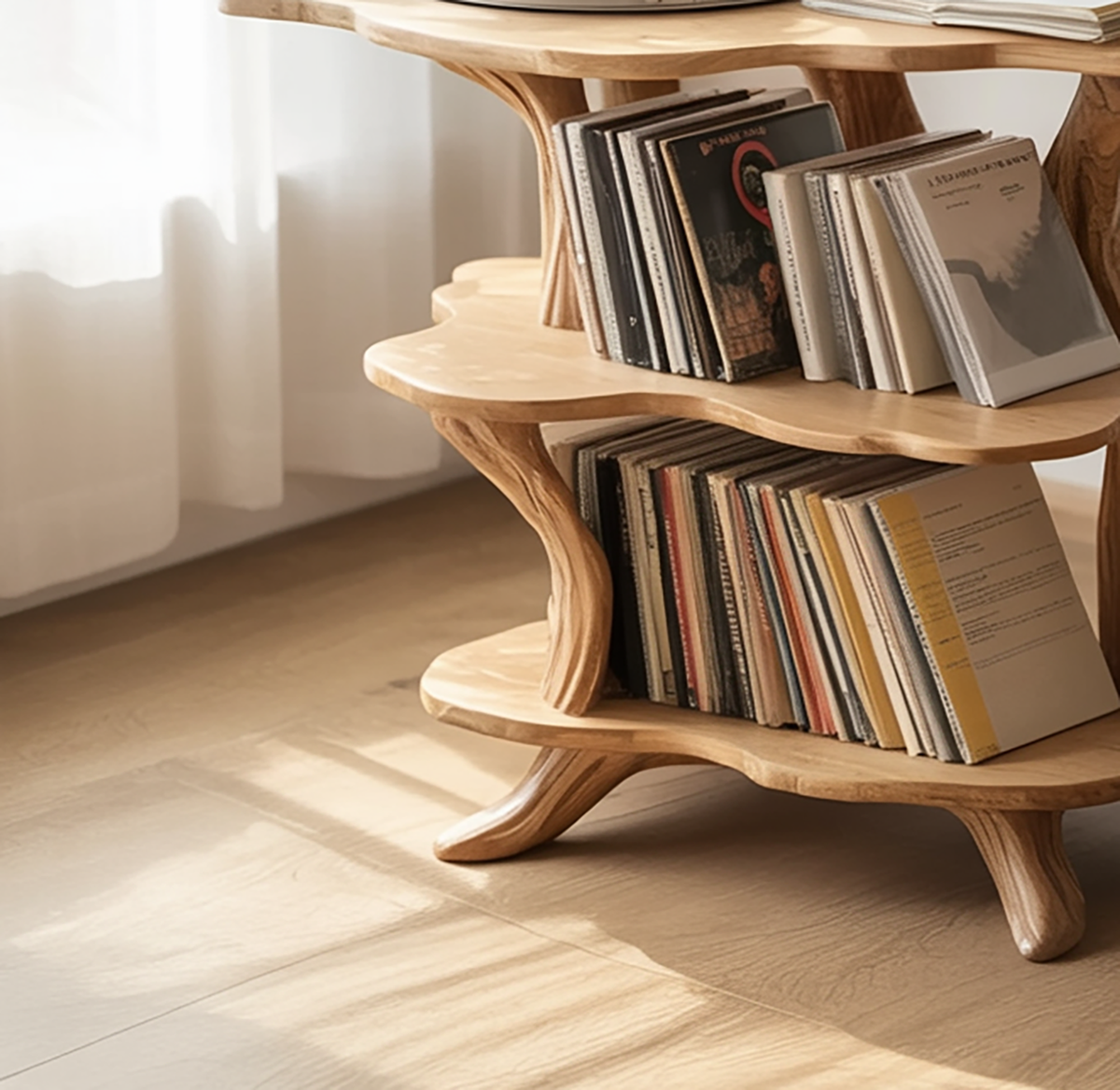 Plattenspielerständer aus Holz im geschwungenen organischen Wellendesign