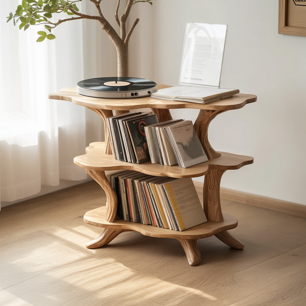 Japandi-Vinyltisch aus Holz neben einem sonnigen Fenster