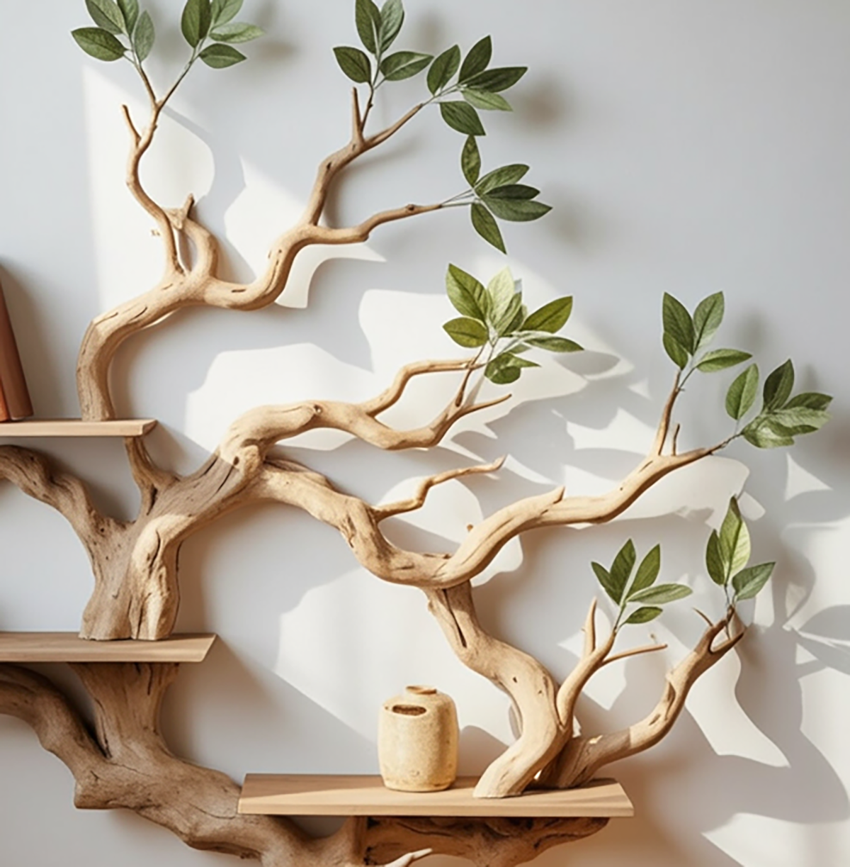 Astholz-Wandregal im handgefertigten skulpturalen Holzdesign
