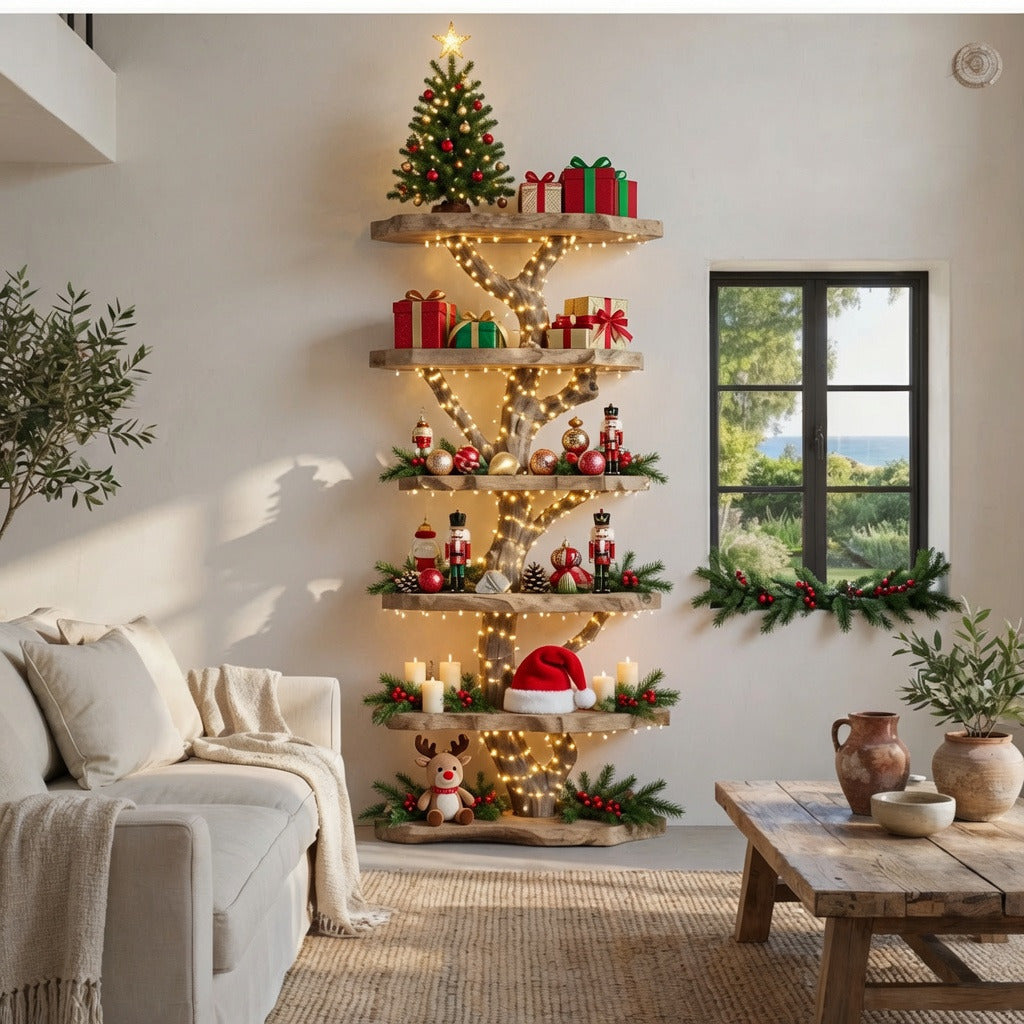 Handgefertigtes Weihnachts-Standbücherregal aus Massivholz im Baumdesign
