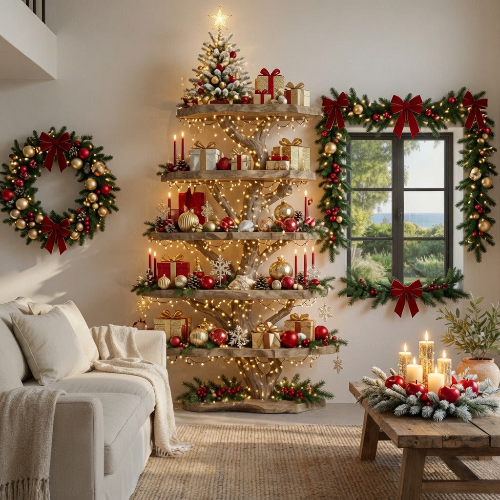 Handgefertigtes Weihnachts-Standbücherregal aus Massivholz im Baumdesign