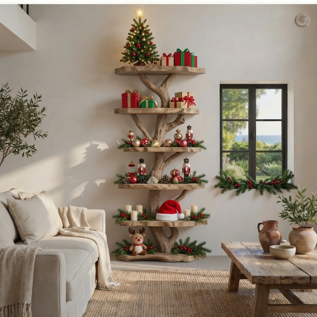 Handgefertigtes Weihnachts-Standbücherregal aus Massivholz im Baumdesign