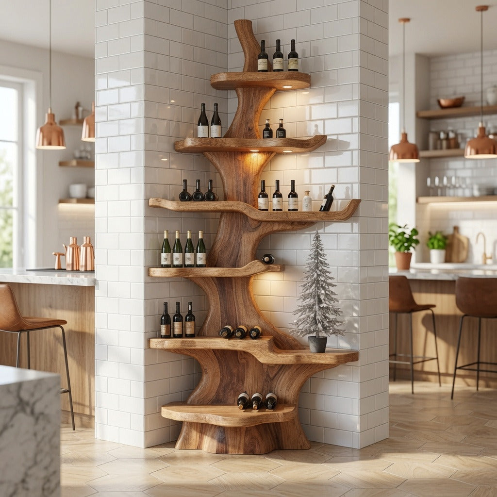 Rustikales Weinschauregal aus Massivholz in einem Landhaus-Esszimmer