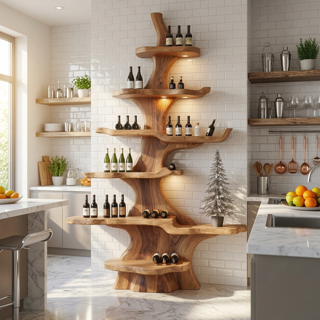Zeitgenössisches Weinregal aus Massivholz, das Flaschen in einer stilvollen Küche präsentiert