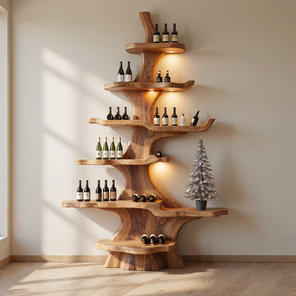 Von Bäumen inspiriertes Holz-Weinregal als saisonaler Mittelpunkt