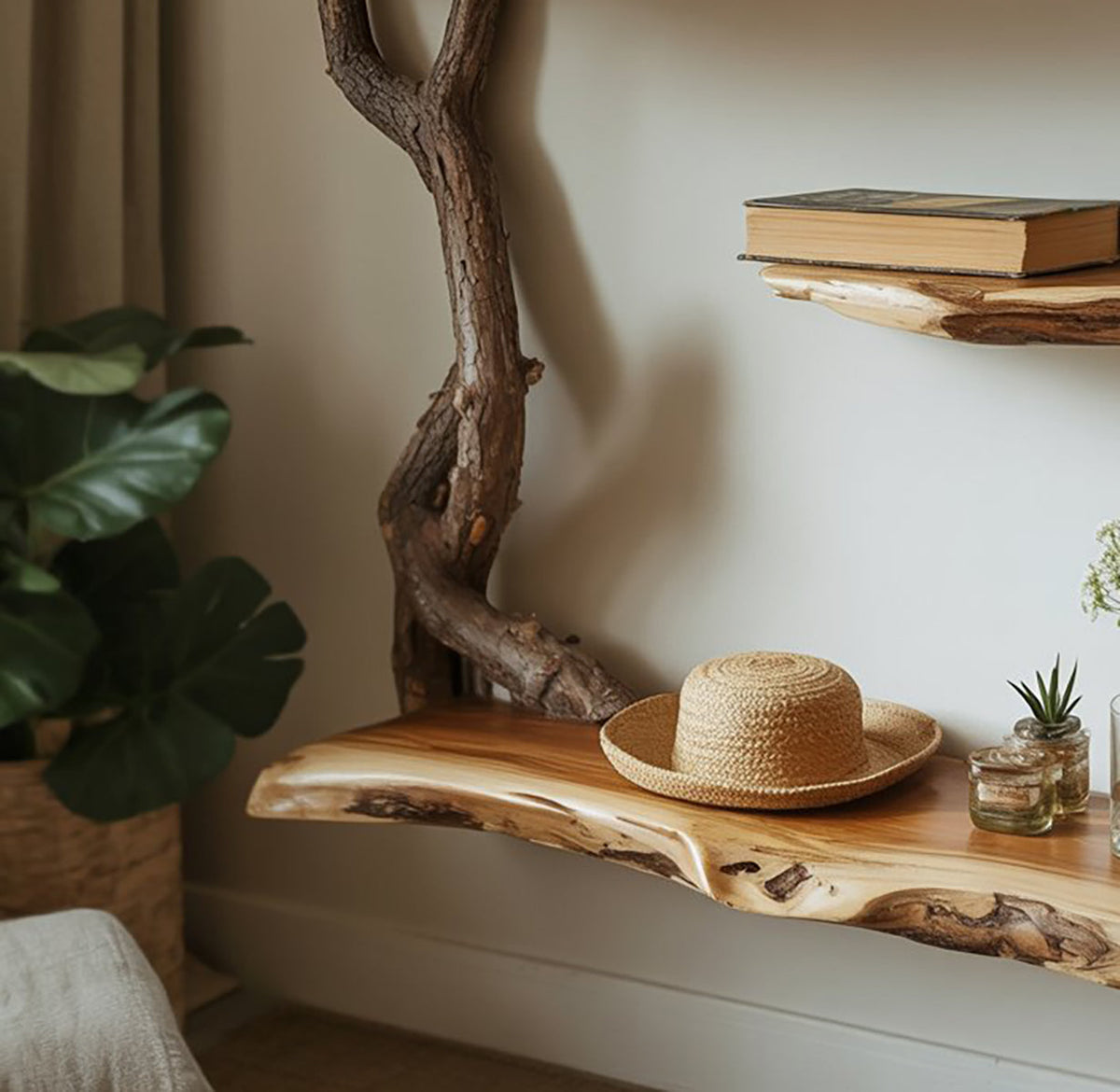 Handgefertigtes Baum-Bücherregal zur Wandmontage – Skulpturales Regal aus Massivholz