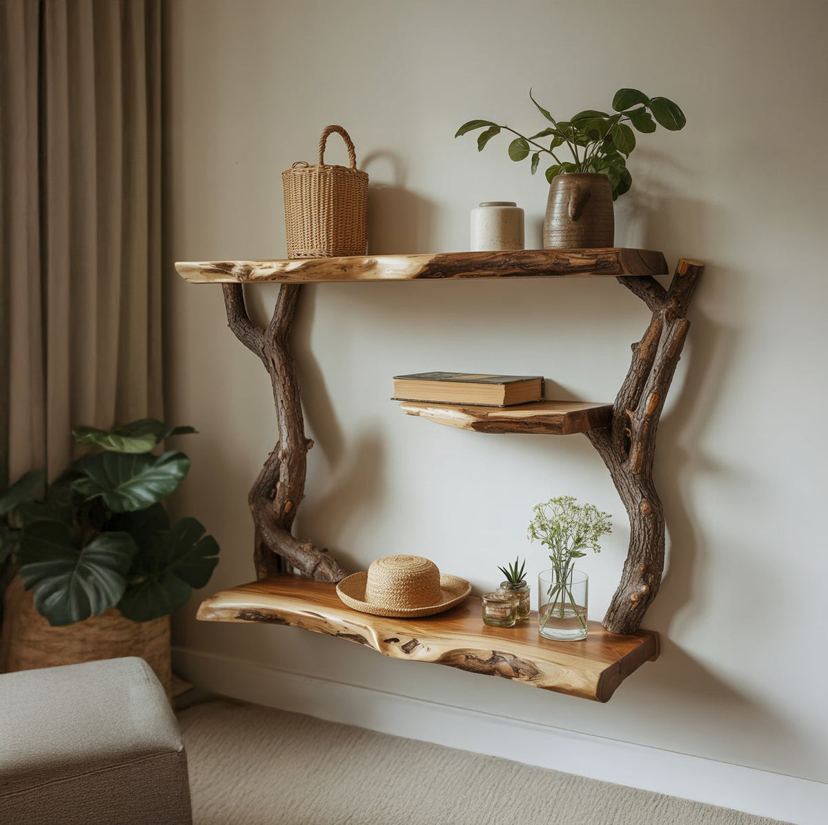 Handgefertigtes Baum-Bücherregal zur Wandmontage – Skulpturales Regal aus Massivholz