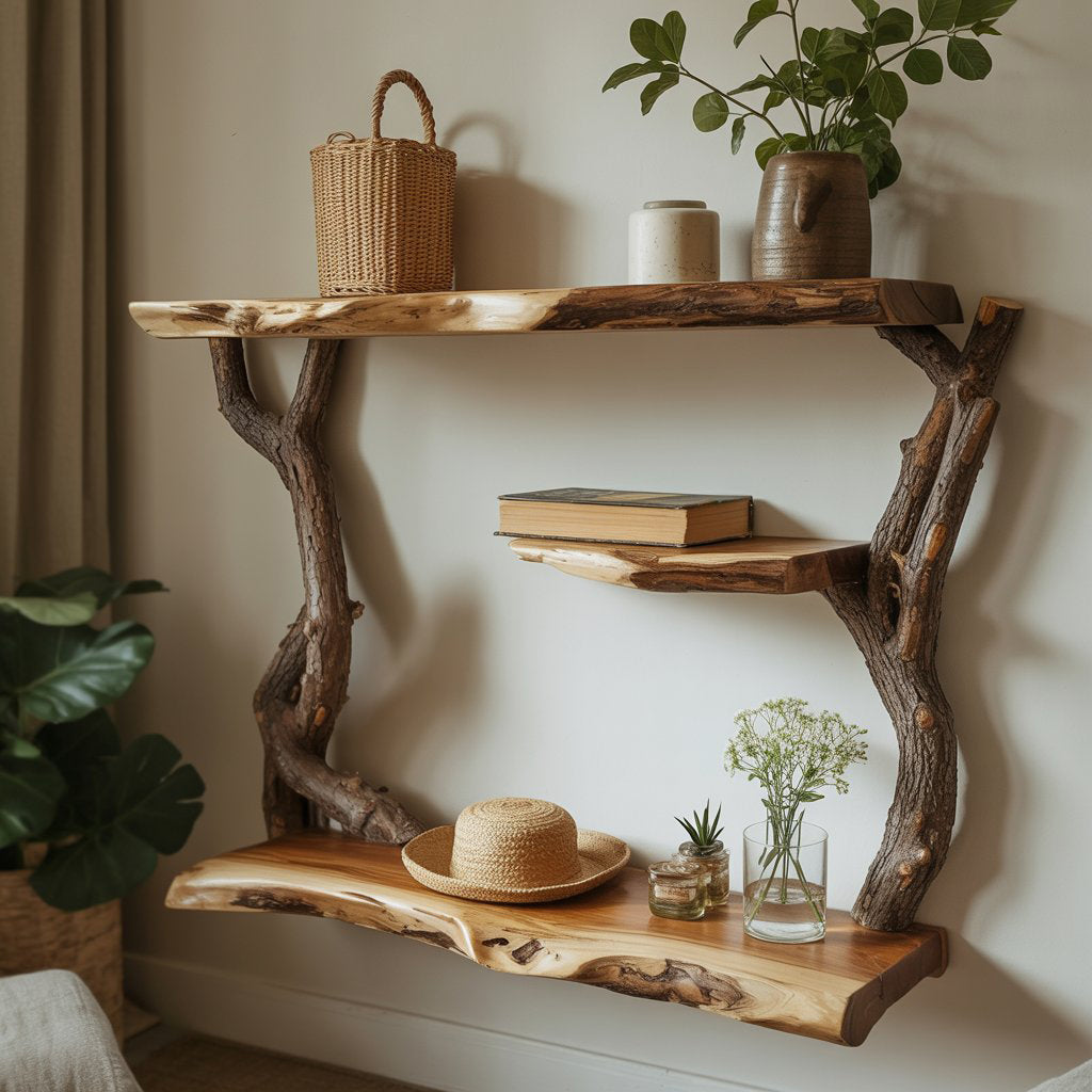 Handgefertigtes Baum-Bücherregal zur Wandmontage – Skulpturales Regal aus Massivholz