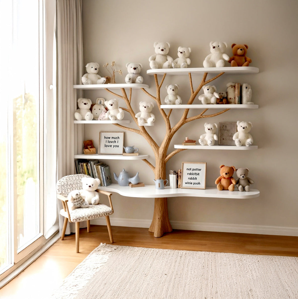 Handgefertigtes Bücherregal in Baumform – Organisches Holzdekor fürs Babyzimmer, Geschenk fürs Kinderzimmer