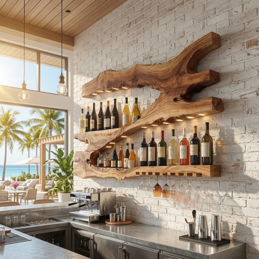 Wein-Schauhalter aus Naturhartholz in einer zeitgenössischen Hausbar