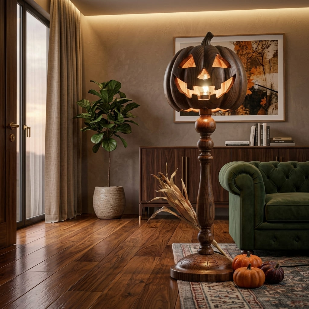 Handgefertigte Kürbislaternen-Stehlampe aus Holz in einem Halloween-Wohnzimmer