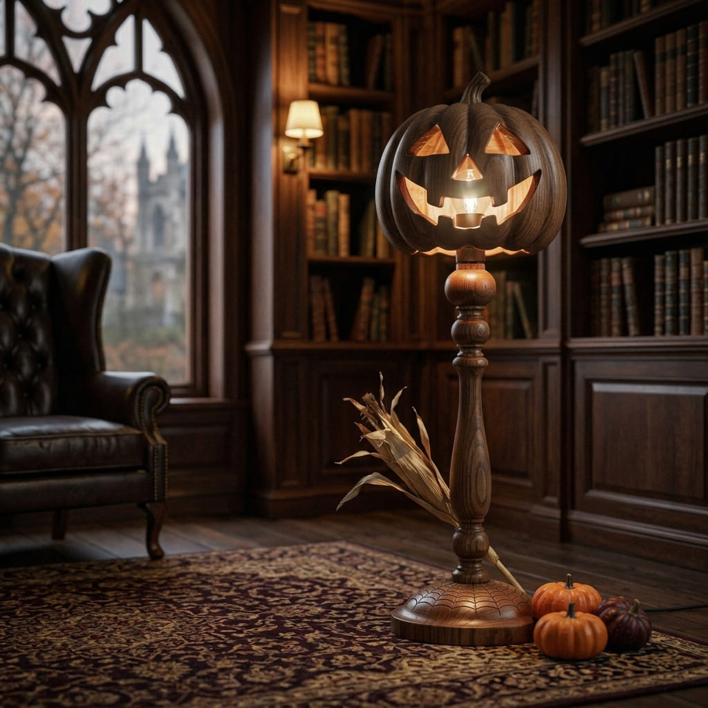 Halloween-Lampe aus Massivholz mit Baumwurzelfuß neben einem Sofa
