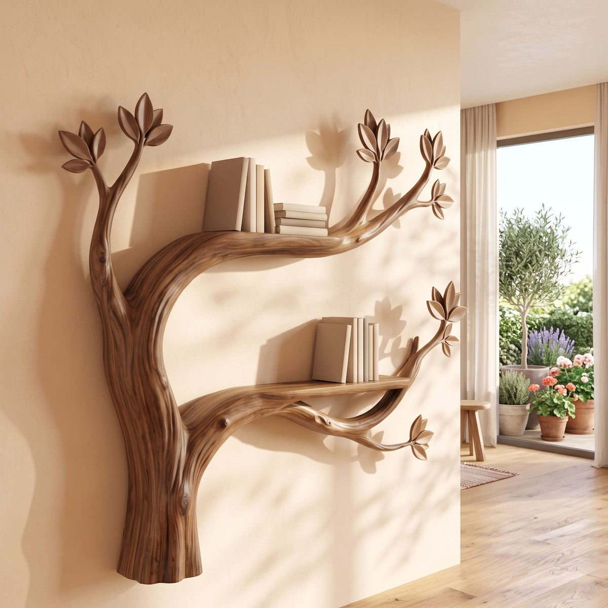 Botanische schwebende Wandbibliothek aus Naturholz für die Akzentwand eines modernen Wohnzimmers