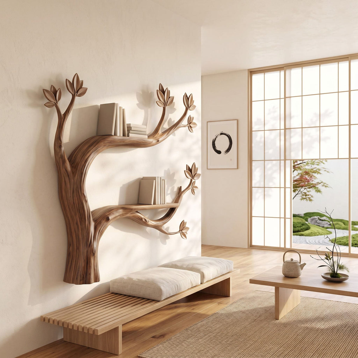 Botanische schwebende Wandbibliothek aus Naturholz für die Akzentwand eines modernen Wohnzimmers