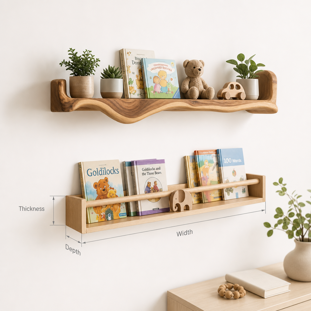 Handgefertigtes Baumkanten-Schwebregal fürs Babyzimmer – Natürliches Massivholz-Dekor für Kinder- & Spielzimmer