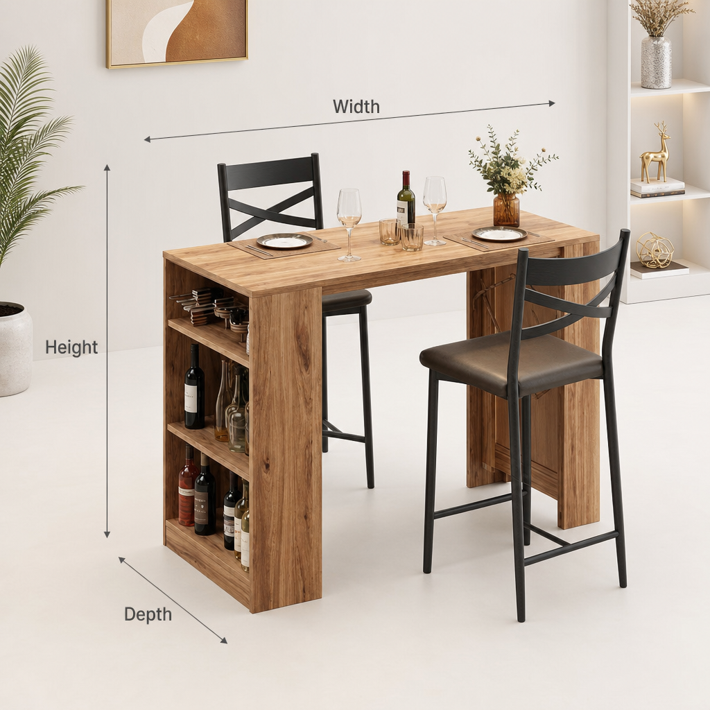 Einzigartiger Bartisch aus Naturholz mit integrierten Regalen, dekoriert mit Weinflaschen und modernen schwarzen Barhockern