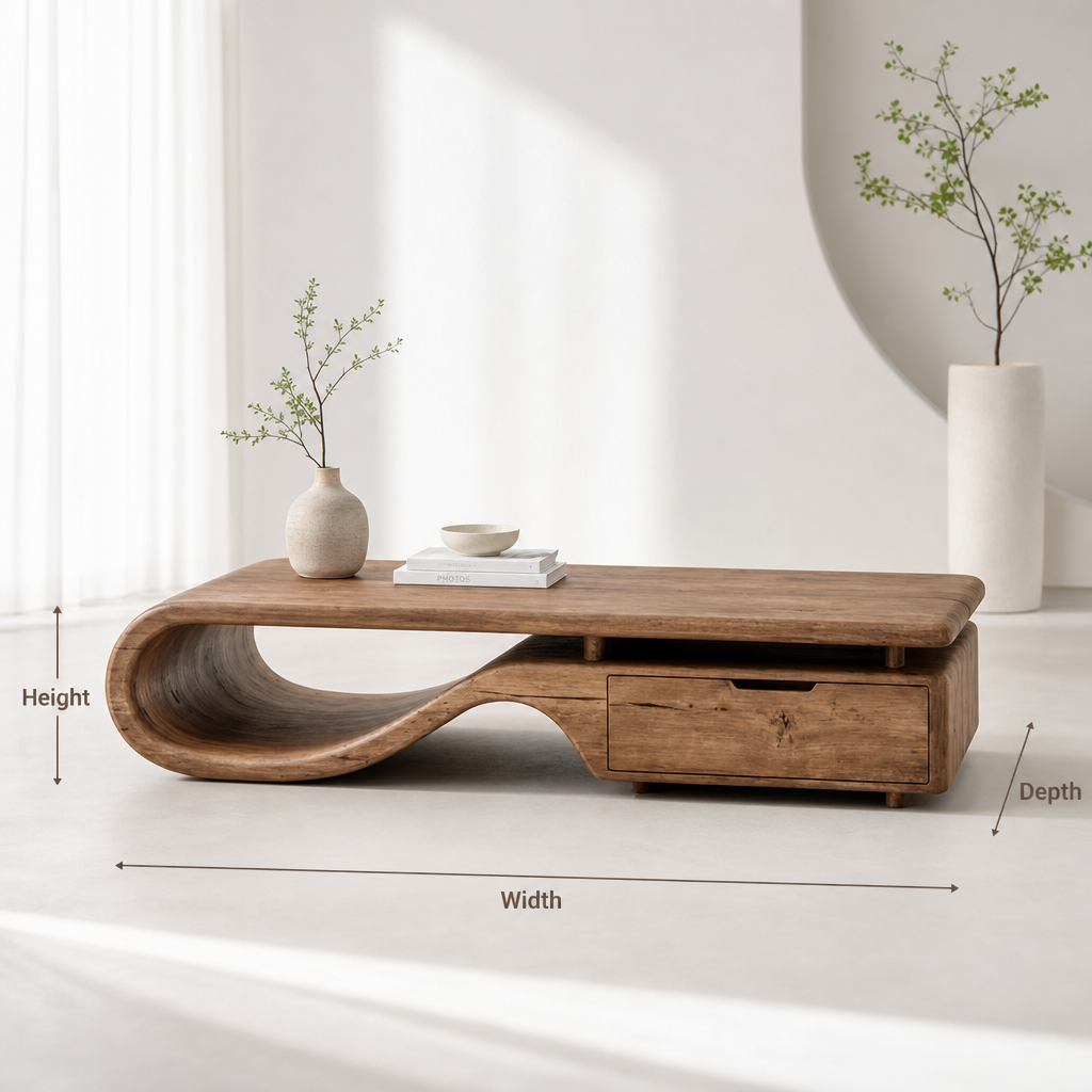 Handgefertigter skulpturaler Couchtisch aus Massivholz mit Stauraum