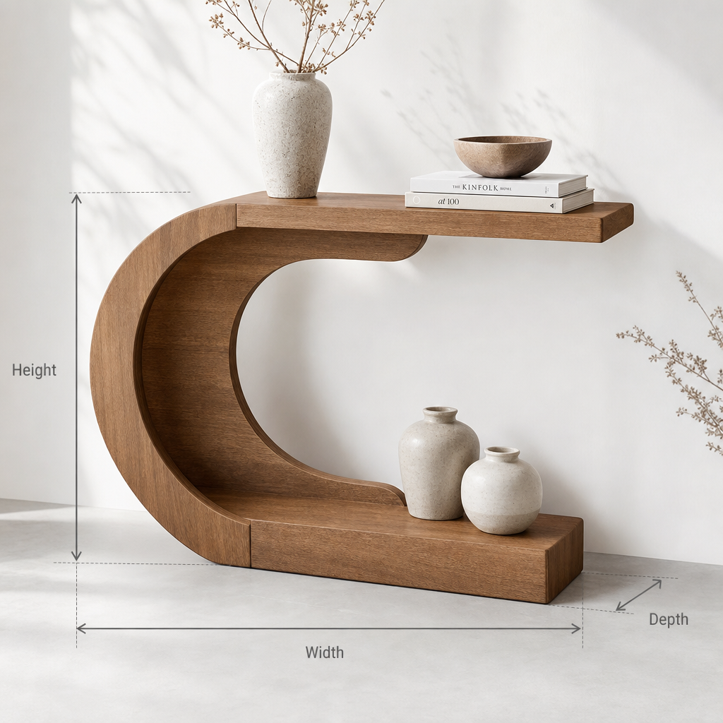 Handgefertigter skulpturaler Holz-Flurtisch – Geometrisches Bogendesign