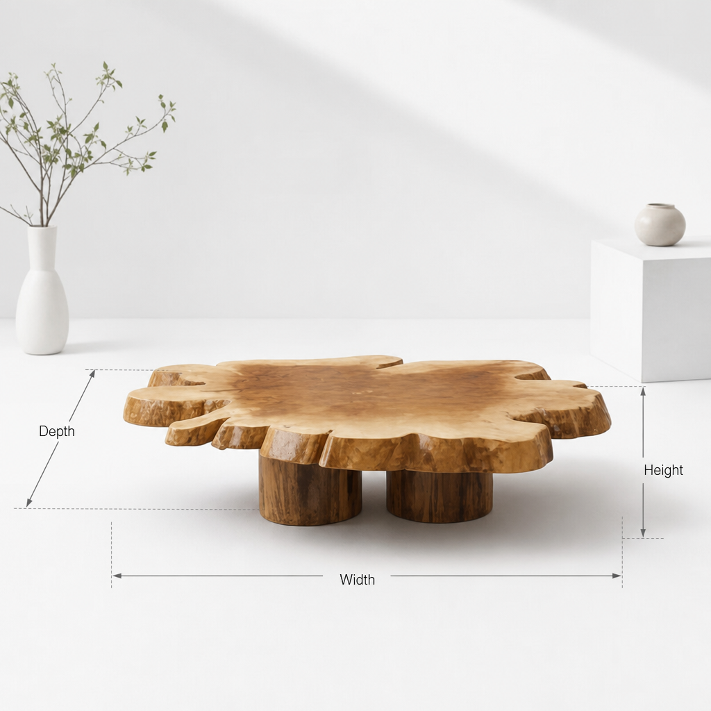 Handgefertigter Wohnzimmer-Couchtisch aus Massivholz – Baumkanten-Design