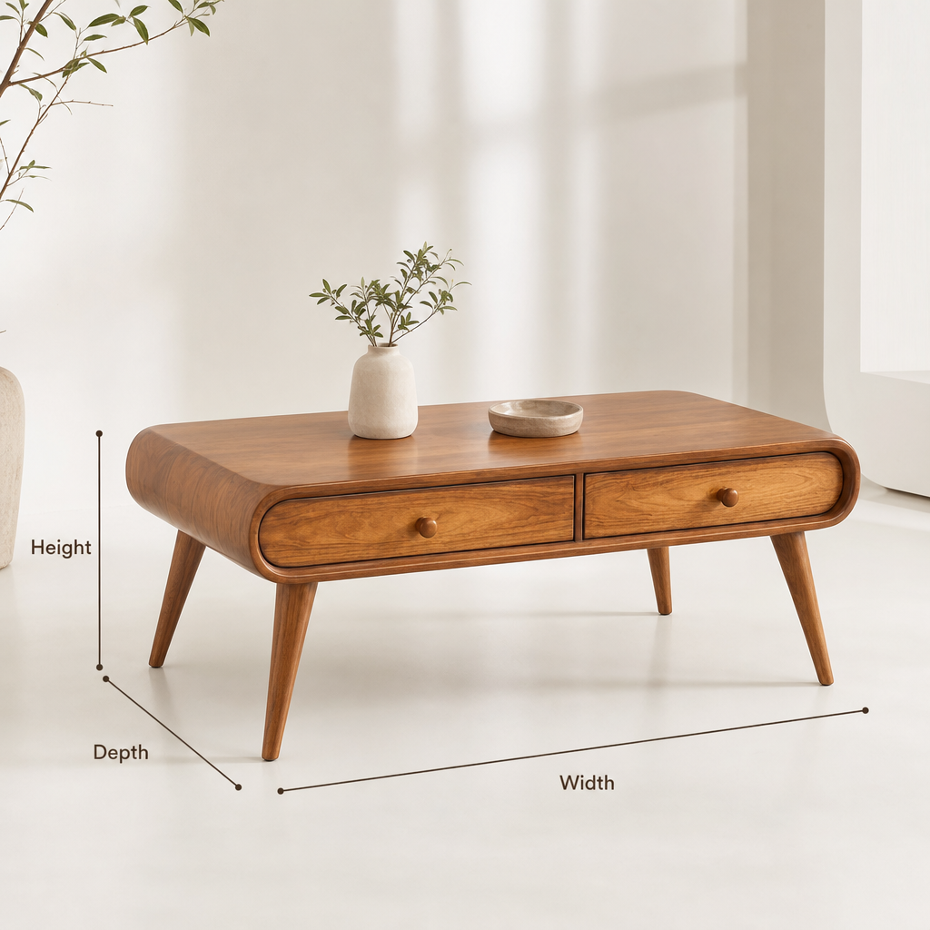 Handgefertigter Couchtisch aus Massivholz mit Schubladen – Mid-Century-Modern-Eleganz