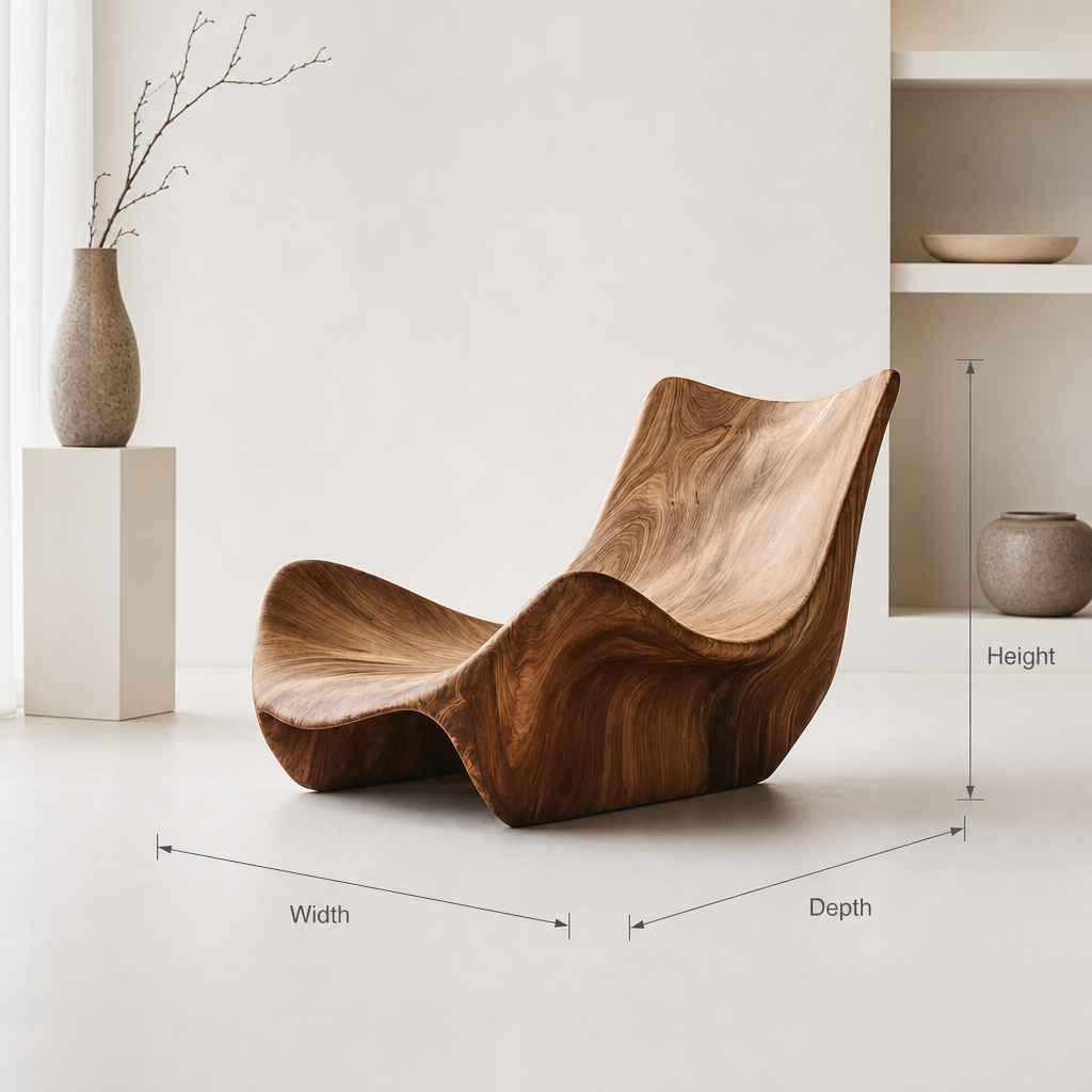 Handgefertigter skulpturaler Loungesessel aus Massivholz im organischen Wellendesign