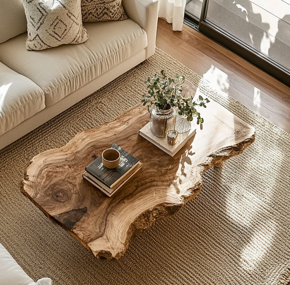 Unregelmäßiger Freiform-Baumkanten-Couchtisch aus Massivholz