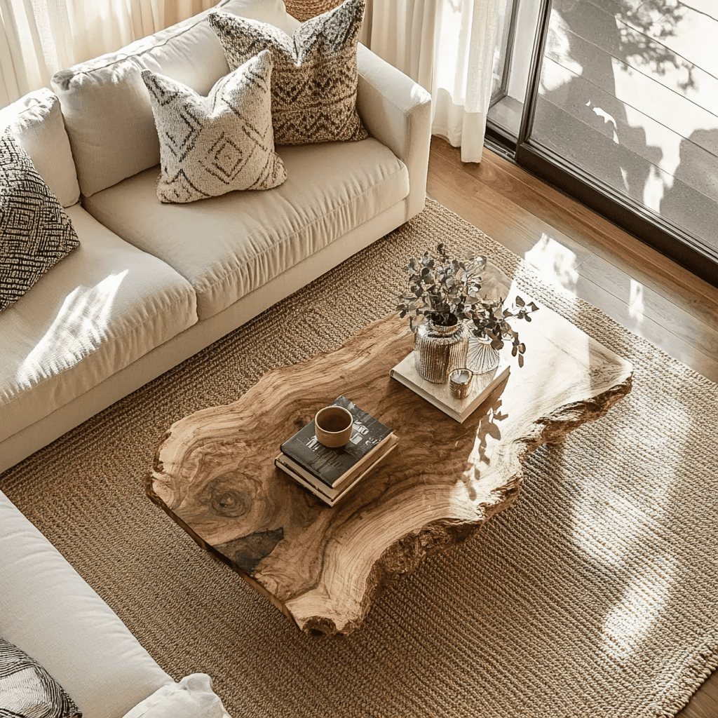 Unregelmäßiger Freiform-Baumkanten-Couchtisch aus Massivholz
