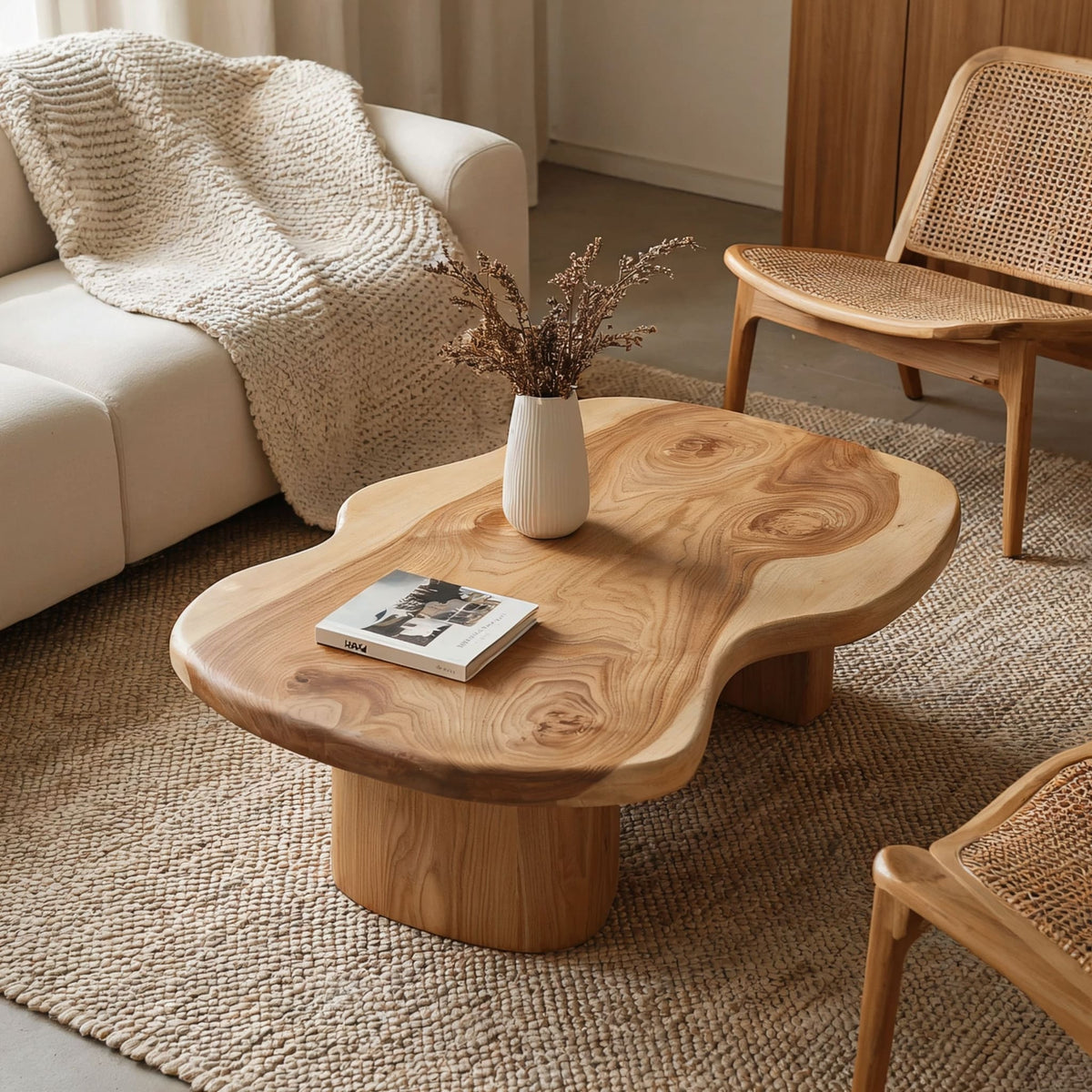 Unregelmäßiger organischer Couchtisch aus hochwertigem Baumkanten-Massivholz