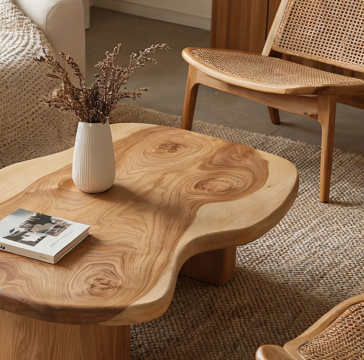 Organisch-moderner Baumkanten-Couchtisch mit unregelmäßiger Massivholz-Silhouette