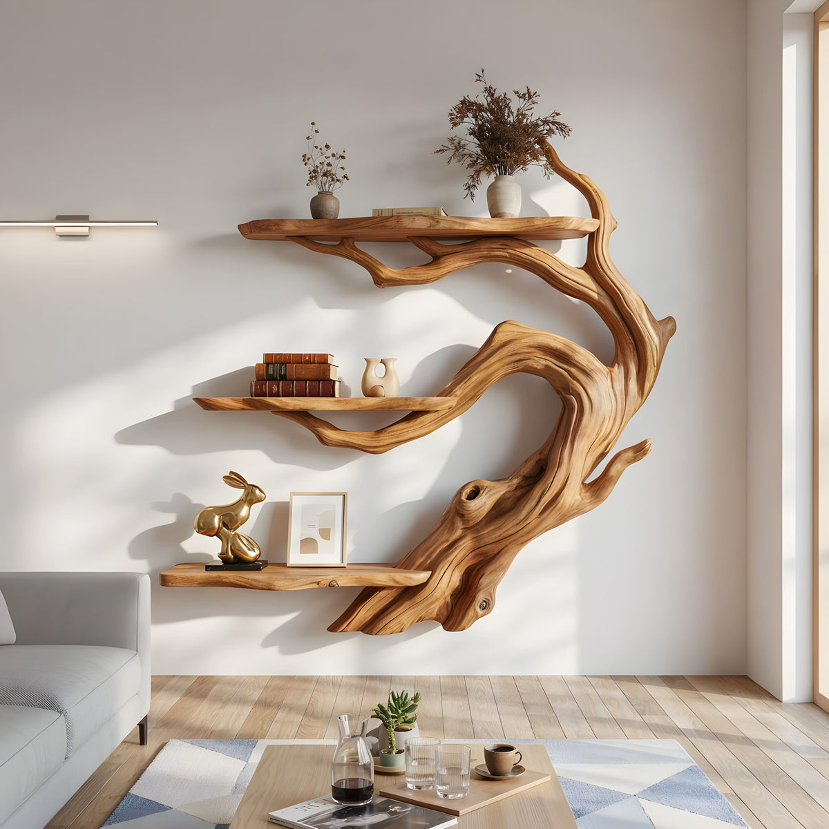 Japandi-Baumkanten-Bonsai-Astregal zur Wandmontage aus Massivholz
